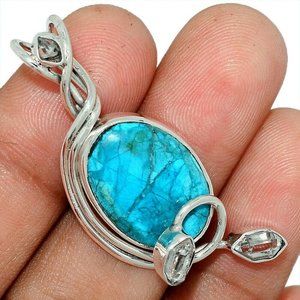 New Peru Blue Opal & Herkimer Diamonds Sterling Silver Pendant - Chain Included